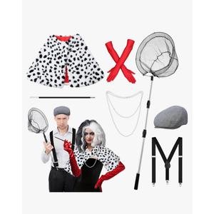 7 Pcs Halloween Dalmatian Costume and Catcher Accessories Shawl Red Gloves Pearl Necklace Hat Holder Suspender Fishing Net for Halloween Adults Couple Cosplay Party