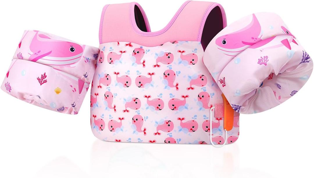 MoKo Toddler Swim Vest for Kids, Arm Floaties for Toddler 20-30-50 lbs, Water Wings with Emergency Whistle, Cute Arm Band Pool Floaties Swim Training Equipment for Beach, Pool, Pink Whale