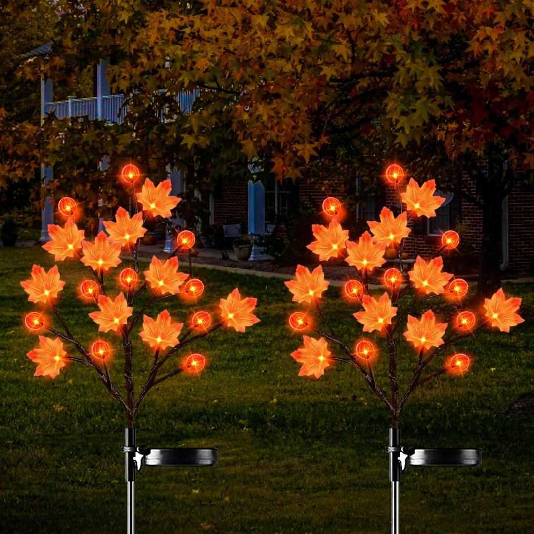 2 Pack Thanksgiving Decorations Lights Fall Decor Solar Lights Outdoor with 3D Maple Pumpkin, 8 Modes Fall Thanksgiving Lights Outdoor Solar Lights Waterproof for Yard Decor
