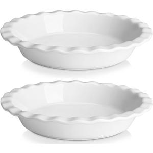 MALACASA Ceramic Pie Pan Set of 2, 9 inch, 40 oz Round Pie Dishes with Fluted Edges, Non Stick, For Quiche, Apple Pies, Pot Pies & More