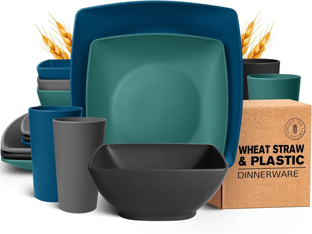 Teivio 16-piece Plastic Wheat Straw Square Dinnerware Set for 4, Unbreakable Dinner Plates, Salad Plates, Snack Bowls, Tumblers 20 oz, Dishwasher Safe, Coastal Multicolor