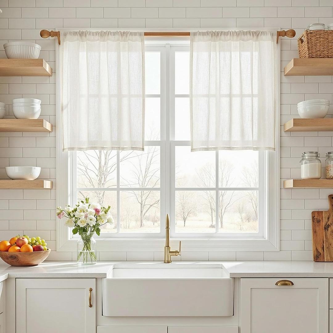 MYSKY HOME Small Window Natural Curtains for Kitchen, Short Cafe Curtains 24 Inches Long Semi Sheer Light Filtering Window Panels Rod Pocket Valance Drapes for Bathroom Basement, 2 Panels, 34" Wide