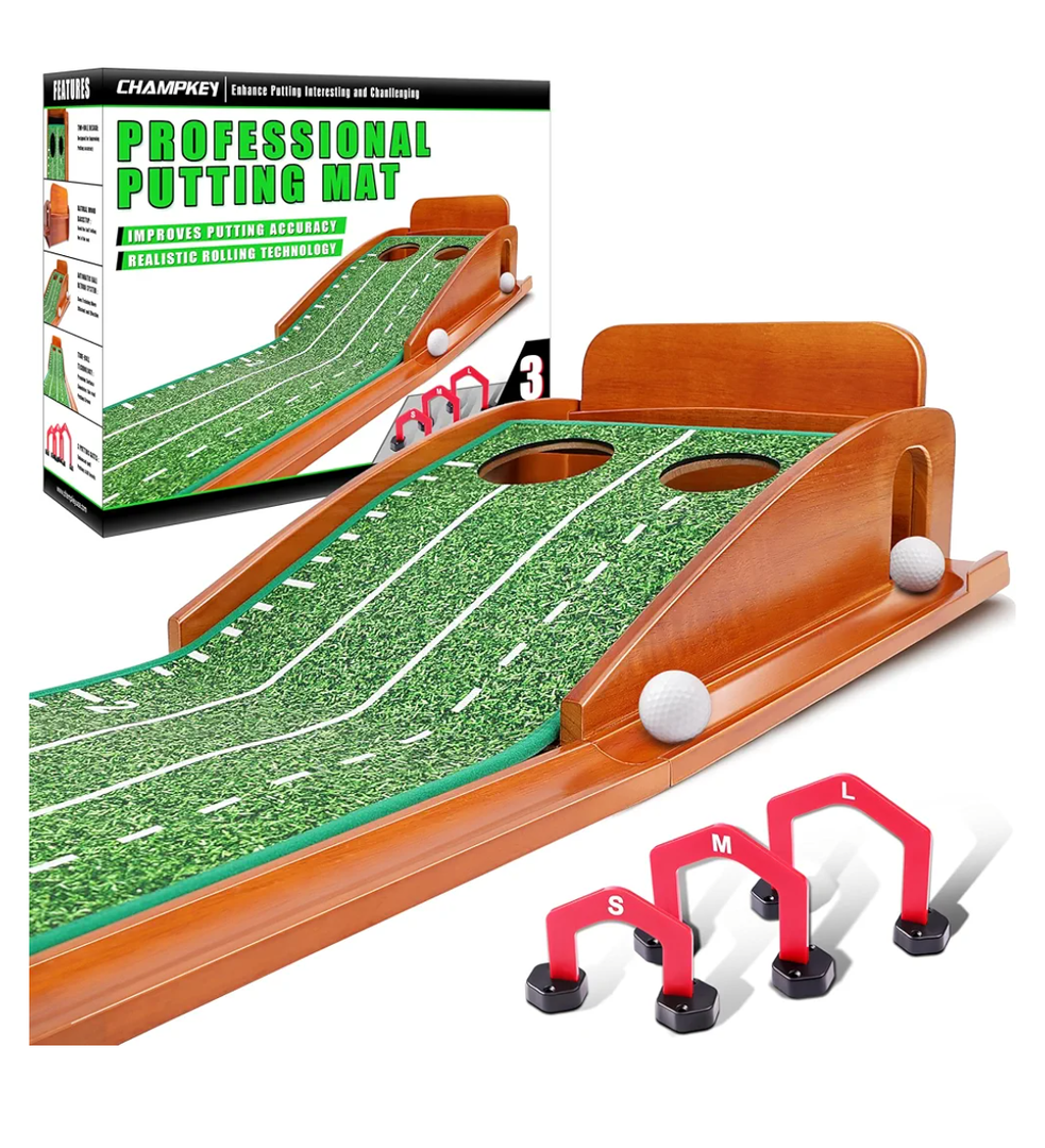 CHAMPKEY Premium Wooden Golf Mat with 3 Putting Gates - Realistic Putting Surface Simulates Green - Improve Accuracy