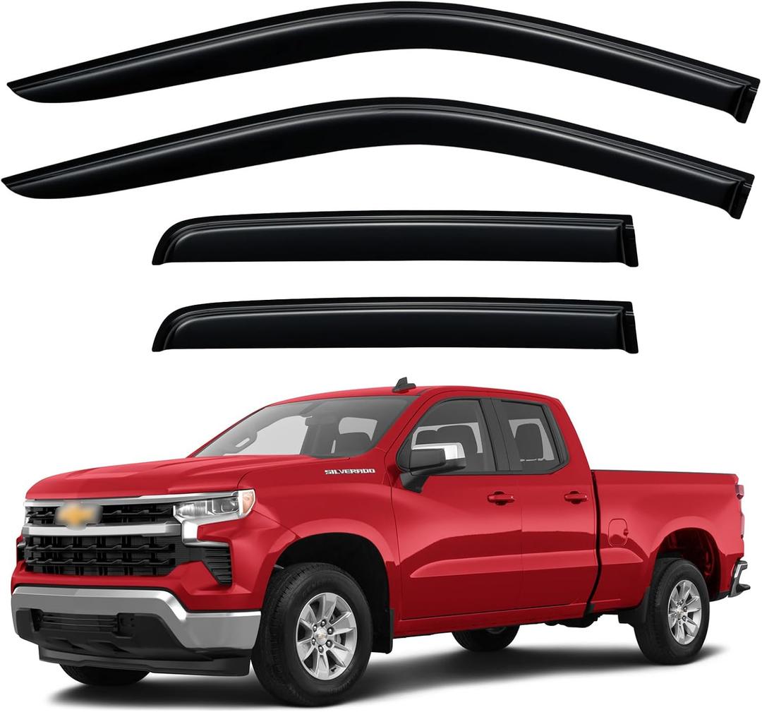 4 x Window Visors Rain Guards for 2019-2026 Chevy Silverado/GMC Sierra 1500 Double Cab, Out-Channel Window Vent Wind Deflectors Visors Shades for 20-26 Silverado/Sierra 2500HD 3500HD