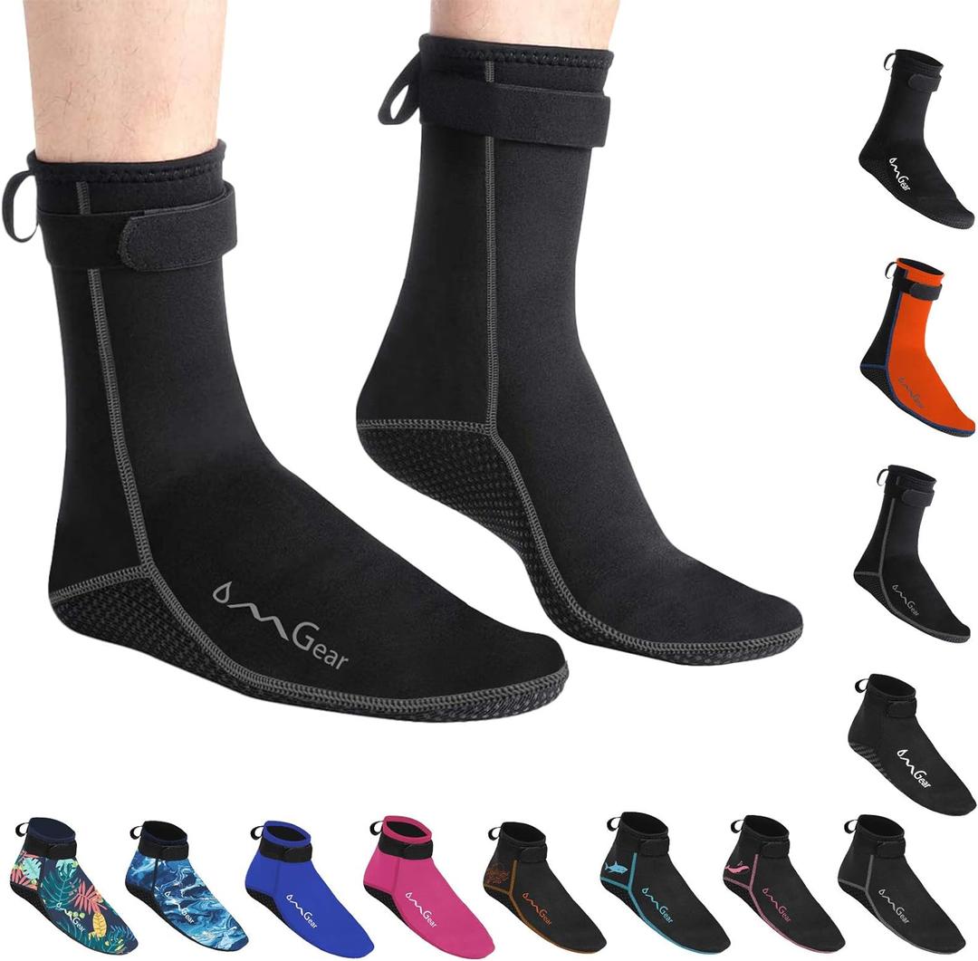 OMGear Water Socks Neoprene Socks Beach Booties Shoes 3mm Glued Blind Stitched Anti-Slip Wetsuit Boots Fin Swim Socks (3mm High Cut/Grey, S(Men 6-7,Women 6-8))