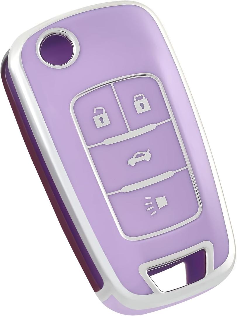 for Chevy Key Fob Cover, Soft TPU Protection Key Fob Case Fit for Chevrolet Equinox Camaro Cruze Malibu Sonic Volt Park Impala GMC Terrain Buick Encore Allure Regal (Silver Purple)