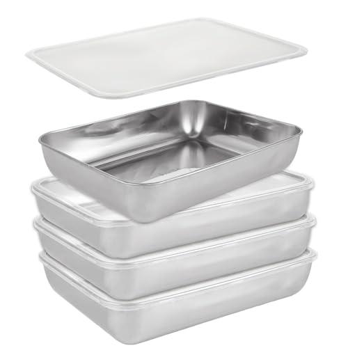 8Pcs Stainless Steel Food Storage Container with Lids 9.8 x 7.9 Inch Rectangle Hotel Pan Steam Table Pan, Stackable Metal Meal Food Containers for Food Prep Restaurant Kitchen Freezer Buffet