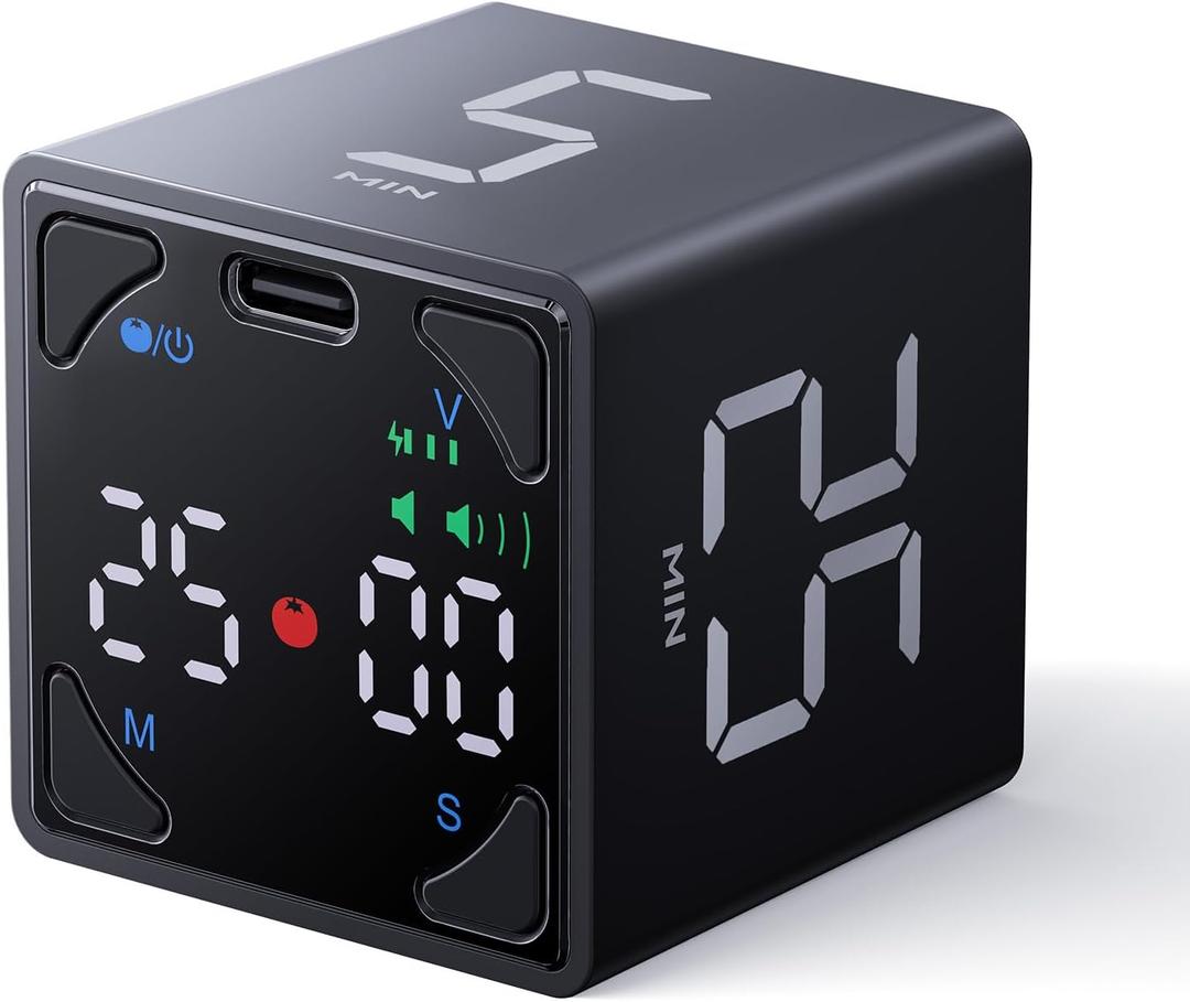 Ticktime Pomodoro Timer Cube, with 25/5 Auto Cycles, 5/25/30/60 Min Presets, Custom Timer, Stopwatch, Magnetic, Rechargeable, Silent, Vibrate & Sound, for Task, ADHD, Study, Work, Meeting, Black