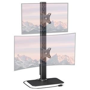 UPGRAVITY Dual Monitor Stand with Built-in Power Outlet, Vertical Stack Freestanding Monitor Mount for 13-32 inch Flat Curved Computer Screen, Metal Base, Height Adjustable, Max VESA 100x100mm