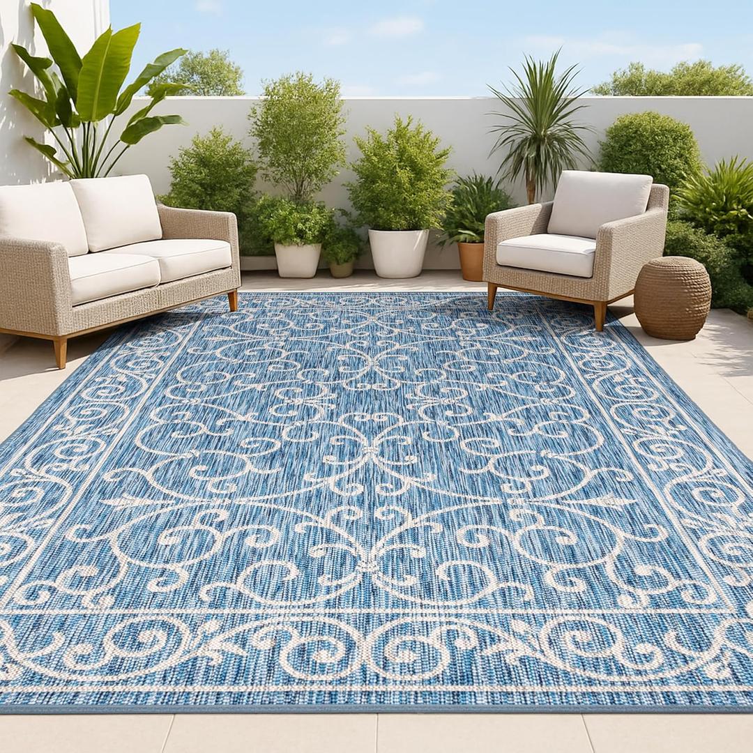 JONATHAN Y SMB106D-9 Charleston Vintage Filigree Textured Weave Indoor Outdoor Area Rug Classic Coastal Easy Cleaning Bedroom Kitchen Backyard Patio Non Shedding, 9 X 12, Navy/Gray