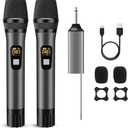 Wireless Microphone, Handheld UHF Dual Metal Cordless Dynamic Mic System with Rechargeable Receiver,200ft Range,for Karaoke, Speech, Party, Wedding, Church,Singing Machine-Auto Connect