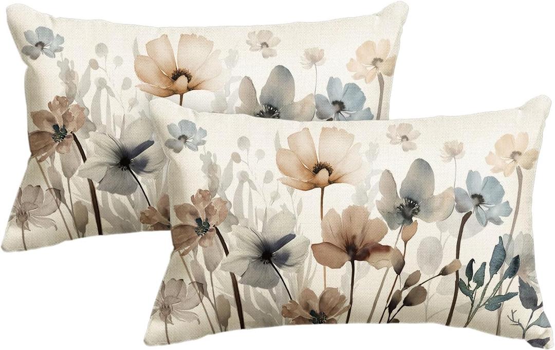 AVOIN colorlife Poppy Flowers Chinoiserie Throw Pillow Covers, 12 x 20 Inch Seasonal Fall Leaves Cushion Case Decoration for Sofa Couch Set of 2