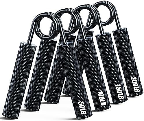 ZEAGUS Grip Strength Trainer 4 Pack, 50LB-200LB Metal Hand Grip Strengthener, Non-Slip Heavy-Duty Forearm Exerciser, Hand Gripper for Muscle Building and Hand Rehabilitation Exercising-Black