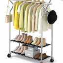 Heavy Duty Clothes Rack,Double Rods Clothing Rack for Hanging Clothes,Rolling Clothing Racks with Wheels,Metal Garment Rack for Bedroom Laundry Living Room,Silver