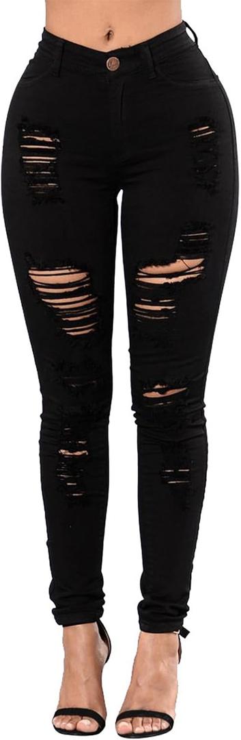 Women's High Waisted Ripped Jeans Slim Fit Distressed Skinny Jeans Stretch Butt Lifting Denim Pants (Medium, Black02)