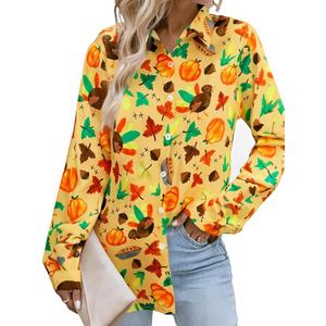 LUKYCILD Thanksgiving Shirts for Women Turkey Shirt Pumpkin Button Down Long Sleeve Blouse Thankful Shirt Fall Clothes Tops, Size Small