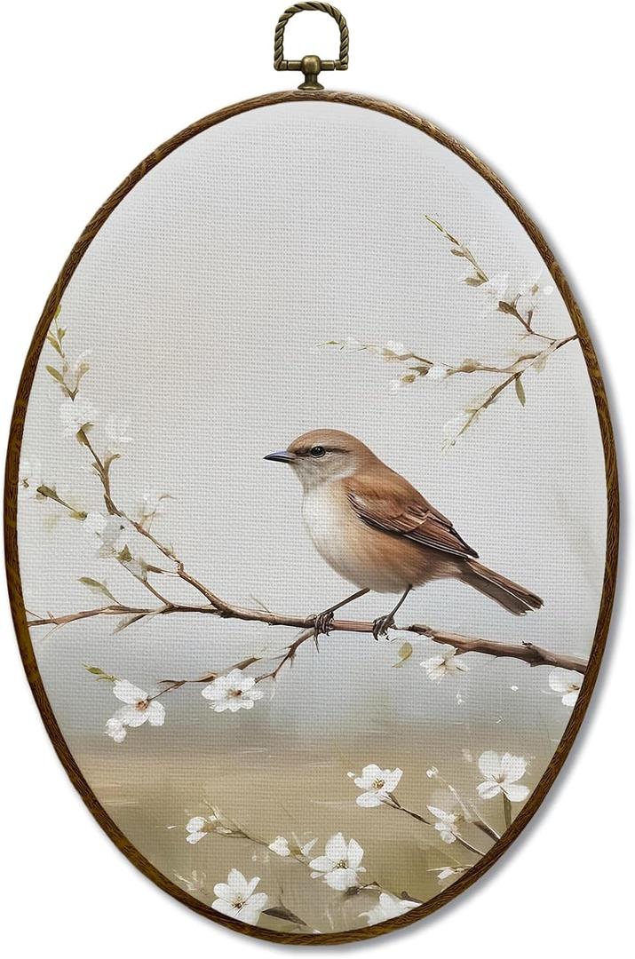 JQF Bird Oval Wall Decor, Farmhouse Rustic Sparrow Floral Oval Canvas Wall Art, Cottagecore Bird on Floral Branch Framed Prints Hanging Decor for Home Bedroom Living Room, 8.5x11.5 Inch