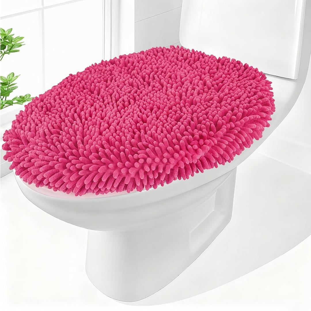 Chenille Elongated Toilet Seat Cover 19.5"x 15" Machine Washable Solid Toilet Lid Cover Adjustable Rubber Backing Fits Only 18-19.5"L x 14-16"W Elongated Toilet Seat (Hot pink)