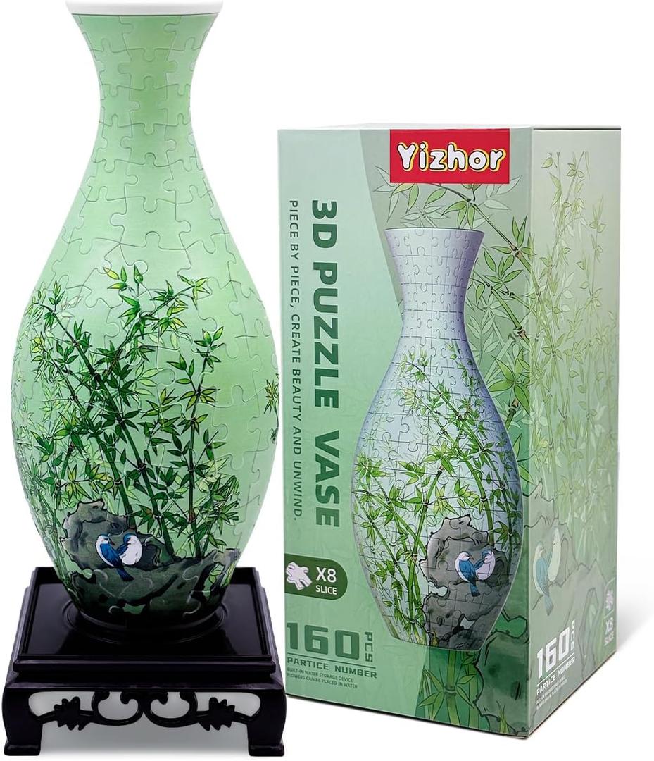 3D Puzzle Vase,Unique Flower Vase Made by 160 Curved Plastic Puzzle Pieces for Adults, Warming Gift for Flower Arrangements and Home Decoration,Crafts for Adults(Bamboo)