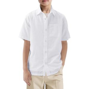 Haloumoning Boys Short Sleeve Button Down Shirt Kids Dress Shirts Formal Uniform Shirt with Pocket 5-14 Years (11-12 Years, White)