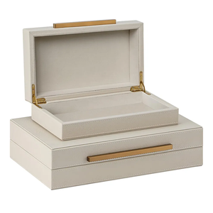 Set of 2 Shagreen Decorative Box, Modern Faux Leather Beige Decorative Storage Boxes with Lids and Metal Handles, Jewelry & Memory Box for Home, Office Decor (Beige+Gold Handles)