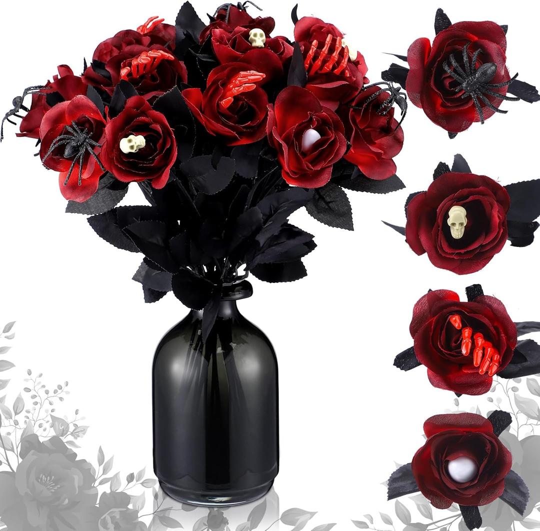 20 Pcs Halloween Red Artificial Flowers Goth Artificial Bloody Roses Floral Bouquet for Halloween Decor (Skull Spider Hand)