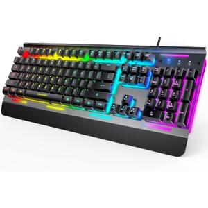 TECKNET Gaming Keyboard, USB Wired Computer Keyboard, 15-Zone RGB Illumination, IP32 Water Resistance, 25 Anti-ghosting Keys, All-Metal Panel (Whisper Quiet Gaming Switch) (Black)