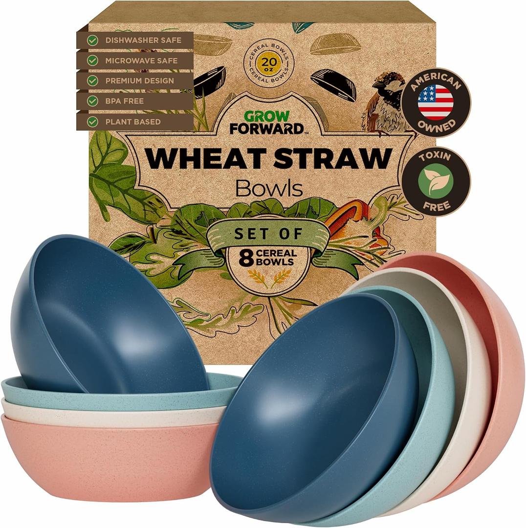 Grow Forward Premium Wheat Straw Bowls Set of 8 - Reusable 20oz Hard Plastic Cereal Bowls - Unbreakable Microwave Safe Bowls for Kitchen, Camping, RV, Dessert, Soup, Salad, Ramen - Tropical