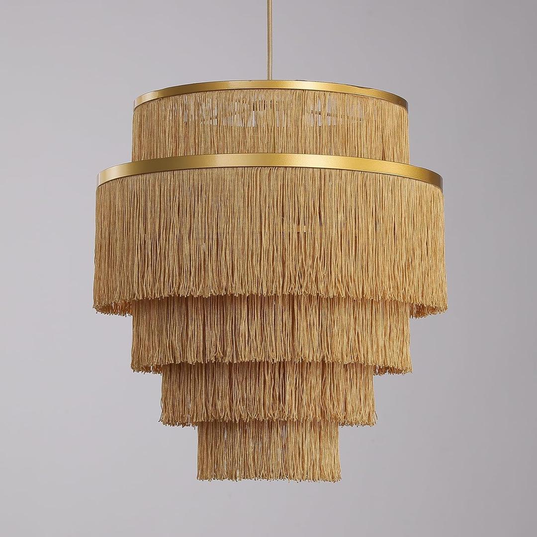 5-Tiered Boho Chandelier with Metal and Fringe,3 Lights Fringe Pendant Light Fixture,Tassle Chandelier for entryway,Dining Room,Baby Nursery,Gold, Hardwired-Chandelier