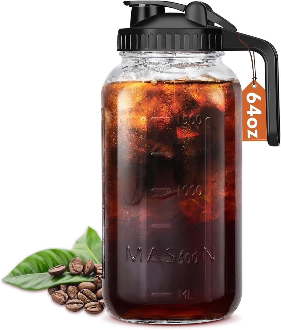 Glass Pitcher with Lid, 64 OZ Mason Jar Pitcher Double Leak Proof, 2 Quart Breast Milk Storage Containers for Fridge, Wide Mouth Glass Jar for Sun Tea, Juice, Cold Brew Coffee (Black)