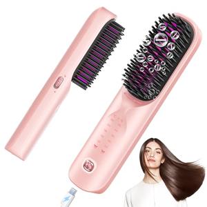 Cordless Hair Straightener Brush - Portable Hair Straightening Brush for Travel - 300M Negative Ions for Frizz-Free Shine, Touch Up On-The-Go, Fast Heating, Gift for Women, 10,000mAh, Powder Pink