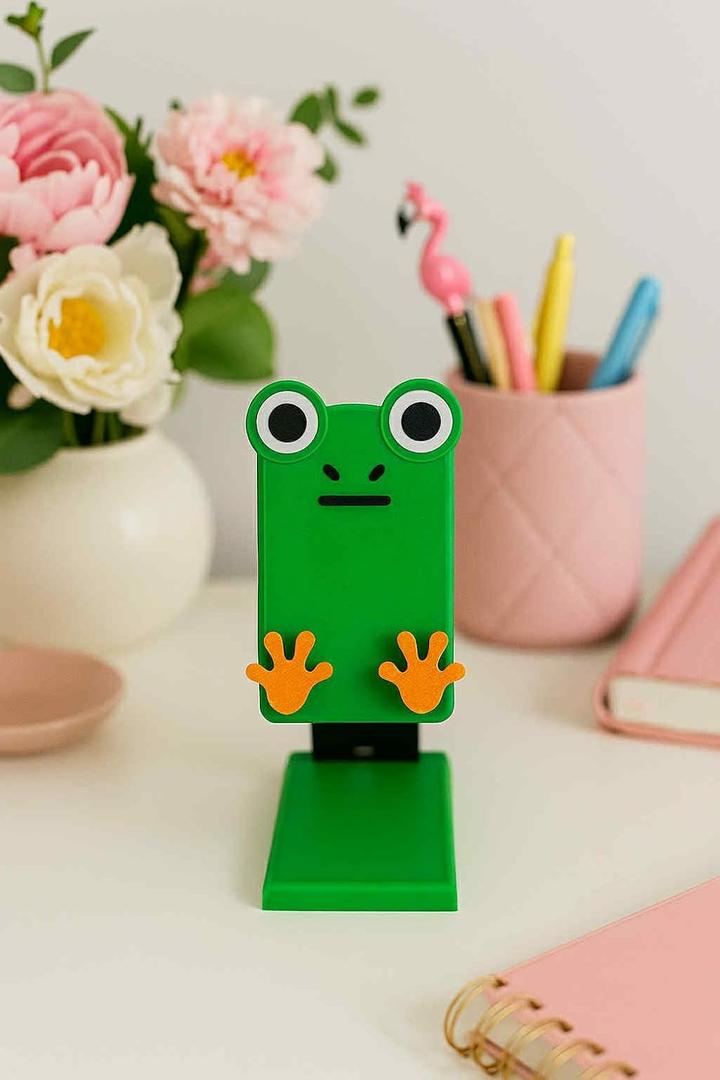 Cute Frog Phone Stand, Green Desktop Mobile Device Holder with Orange Feet, Decorative Animal Design for Home Office