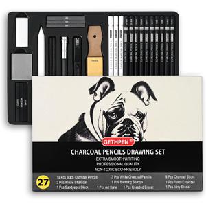27 Piece Charcoal Drawing Set - Professional Black & White Charcoal Pencils for Sketching, Shading & Blending, Graphite Sticks with Artist Art Supplies Kit (Beginners & Professionals)
