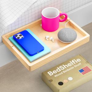 BedShelfie Wood Bedside Shelf for Bunk Bed & Top Bunk, College Dorm Room Essentials, Loft Nightstand, Floating Bed Side Table Tray Storage, Dorm Room Decor By Smallish - (Flexfit Bamboo, Natural)