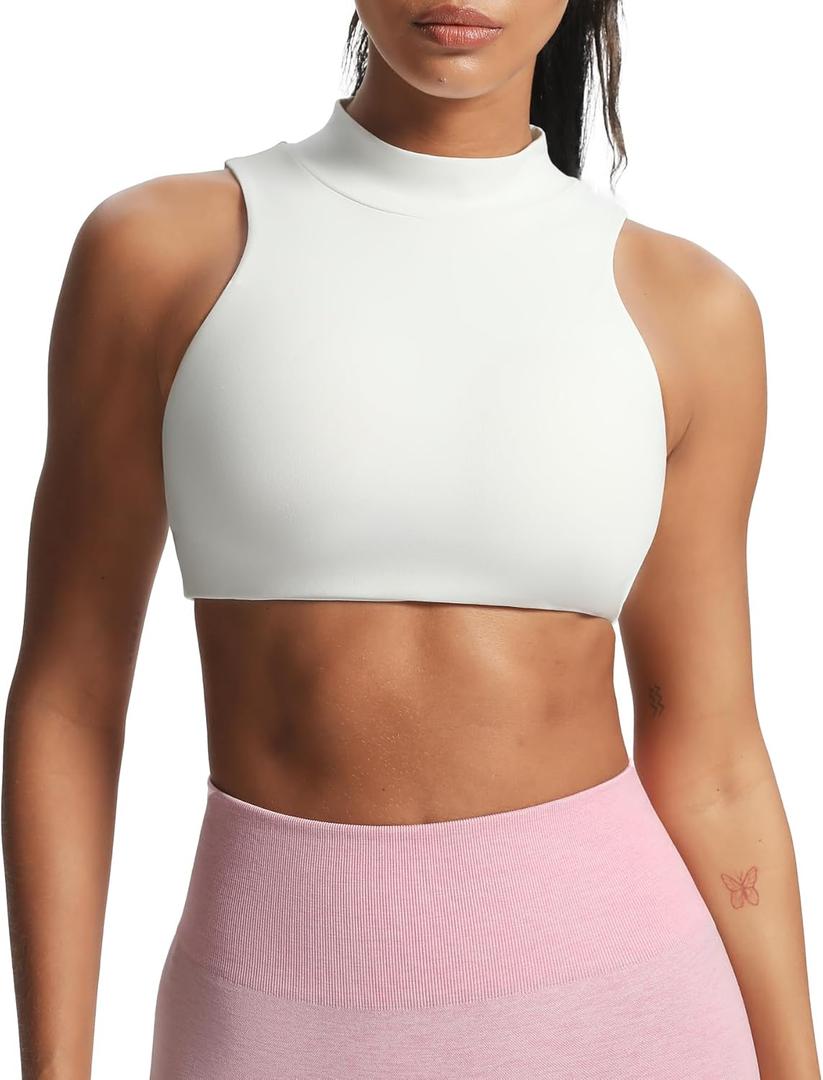 Aoxjox Women's Kim Cutout High Neck Tank Workout Sports Bras Fitness Training Gym Bra Yoga Crop (Large, White)