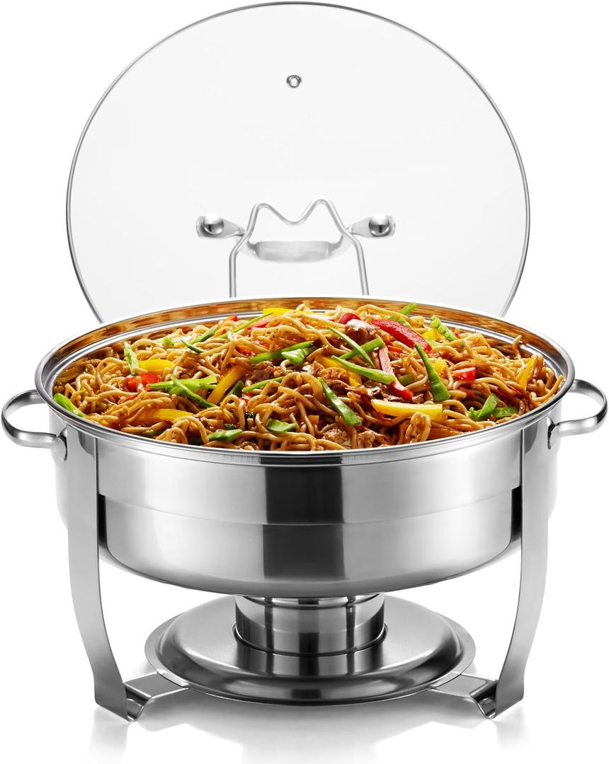 Chafing Dish for Buffet Set, by Kook, Catering Food Warmers, Round Dishes, Warmer Tray, Stainless Steel with Glass Cover and Holder, for Parties, Dinners, 4.5 Qt (1 Pack)