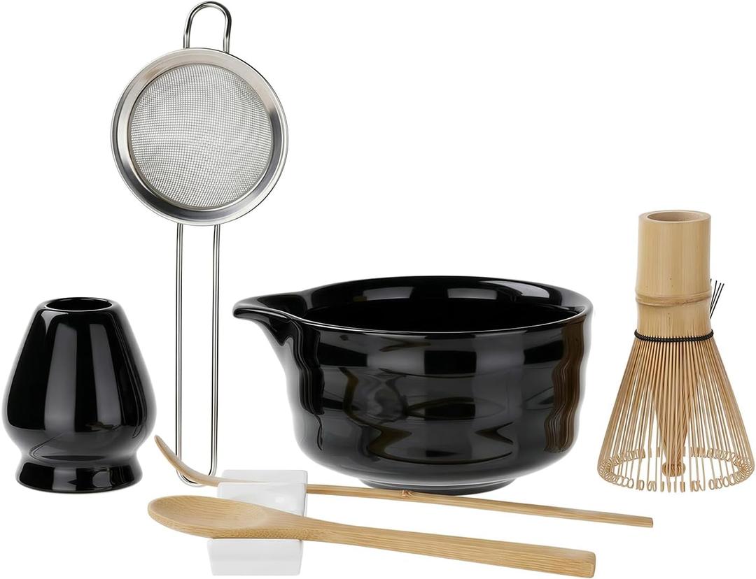 YOLIFE 7 Pcs Matcha Whisk Set, Includes Matcha Bowl with Spout, Bamboo Whisk (Chasen) with Ceramic Holder, Scoop and Powder Spoon, Sifter, Matcha Kit for Ceremony (Black)