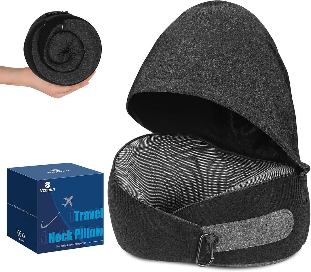 Travel Pillow, Hooded Neck Pillow Airplane for Sleeping, Memory Foam Traveling Pillow for Long Flights, Portable Plane Accessories (Charcoal Black)