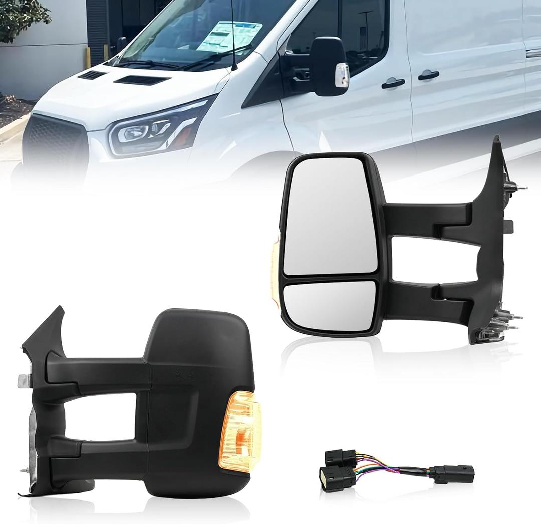Driver Side Mirror for Ford Transit 2015-2025, Left Long Arm Door Mirrors Replacement Power Mirror with Turn Signal Light, Heated Glass