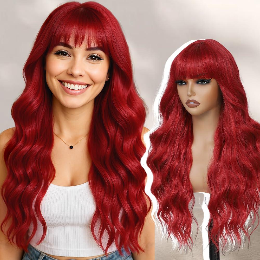 Long Red Wigs with Bangs 26Inch Wavy Curly Hair for Women Tangle Free Beginner Friendly Soft Natural Looking Wigs for Daily Party Use