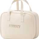 Travel Makeup Bag Skin-feel Leather, Large Capacity Cosmetic case for Women, Waterproof Portable Make up Organizer with Divider and Handle for Toiletries, Beauty Essentials (Beige)