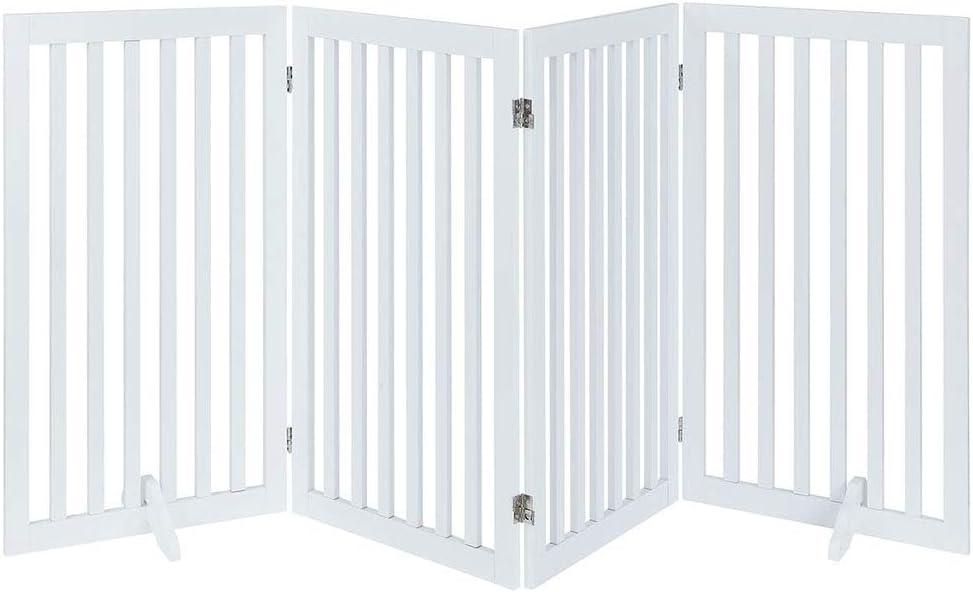 unipaws Freestanding Tall Dog Gate, Foldable Pet Fence, Indoor Wood Barrier, Assembly Free Stair Gate with 2PCS Support Feet (91cm H, 4Panels, White) (80"W36"H)