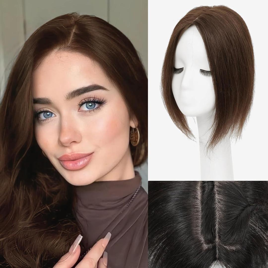 Hair Toppers for Women Real Human Hair, 12 Inch 360 3D Upgrade Middle Part Toppers for Women with Thinning Hair (Mocha Brown)
