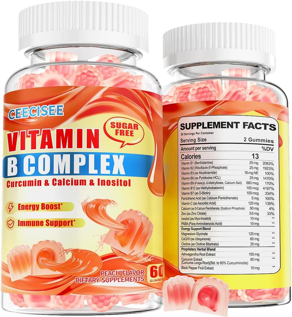 Natural Methylated Vitamins B Gummies: Chewable Supplement Complex with B1 B2 B3 B5 B6 B7 B9 B12 Zinc Magnesium Ashwagandha for Daily Energy Support - for Vegan Work Adults(120Count)