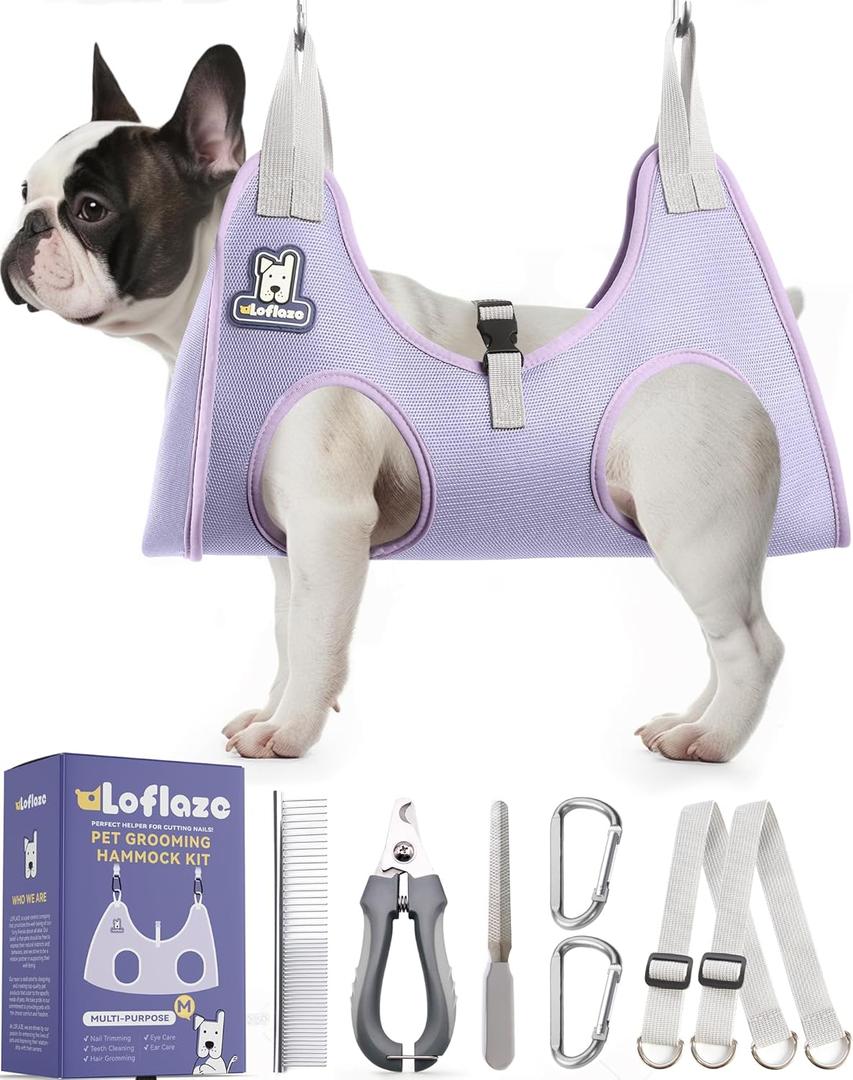 Dog Grooming Hammock Harness for Dogs & Cats with Pet Nail Clipper Trimmer - Cat Hanger Sling for Trimming Clipping Nails- Dog Hammock Restraint Bag for Small Medium Large pet  Purple M (M ( Legs Distance : 7-14" / Max W45lb ))