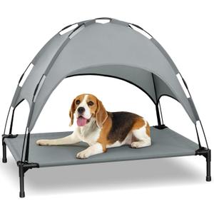 Heeyoo Elevated Dog Bed with Canopy, Portable Dog Cot with Removable Shade Tent, Outdoor Raised Pet Cot Cooling Bed for Dogs (42"L x 31"W x 7.5"H, Grey)