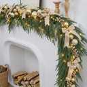 6ft Christmas Norfolk Pine Garland with Light Realistic Prelit Christmas Garland with Bow Berry Stem Ball Real Touch Greenery Garlands for Mantle Fireplace Table Home Decor(Gold)