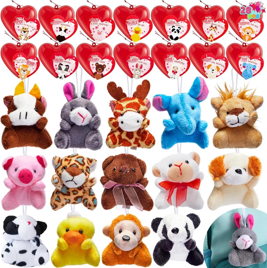 JOYIN 28 Pack Valentines Day Gifts for Kids Prefilled Hearts with Plush Toy Keychain and Valentines Day Cards for Kids Classroom Exchange, Party Favors, Gift Exchange, Game Prizes