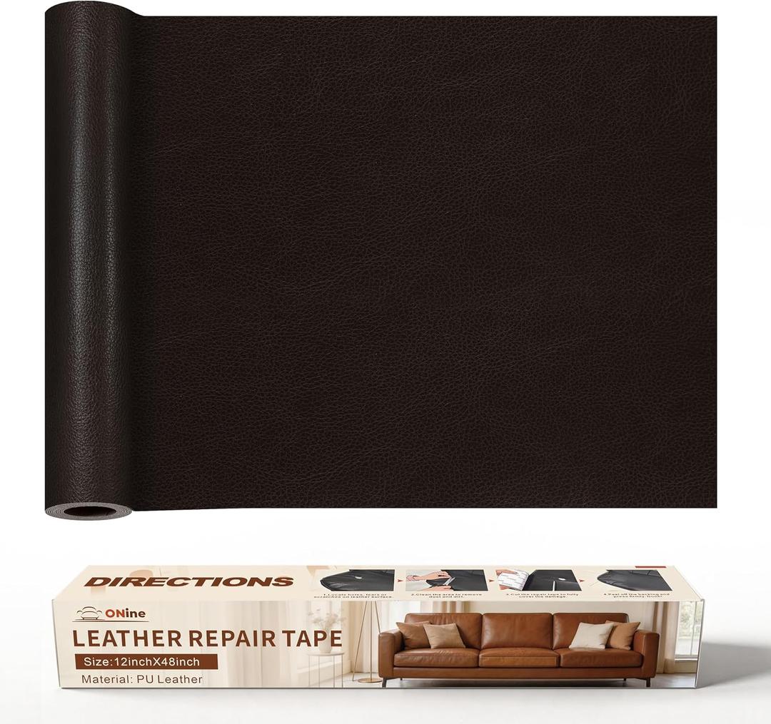ONine Leather Repair Patch，Leather Repair Tape, 12 x 48 inches Leather Repair Patch for Furniture,Vinyl Repair Kit，Leather Couch Patch，for Sofas, Furniture, Car Seats, Office Chairs (Black Brown)