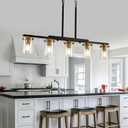 36.2inch 5-Light Kitchen Island Lighting,Dining Room Lights Modern Farmhouse Chandelier with Clear Glass Shade,Modern Rustic Black and Gold Metal Chandelier, Kitchen Pendant Light Fixtures